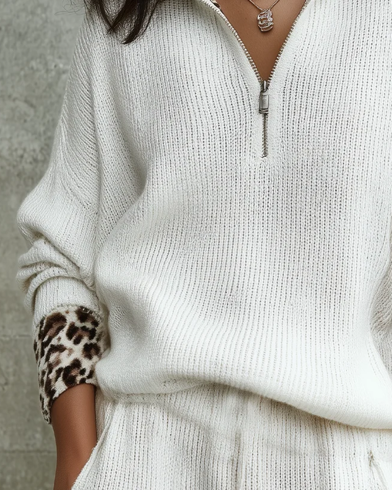 Lapel Zip Leopard Print Long-Sleeve Pullover