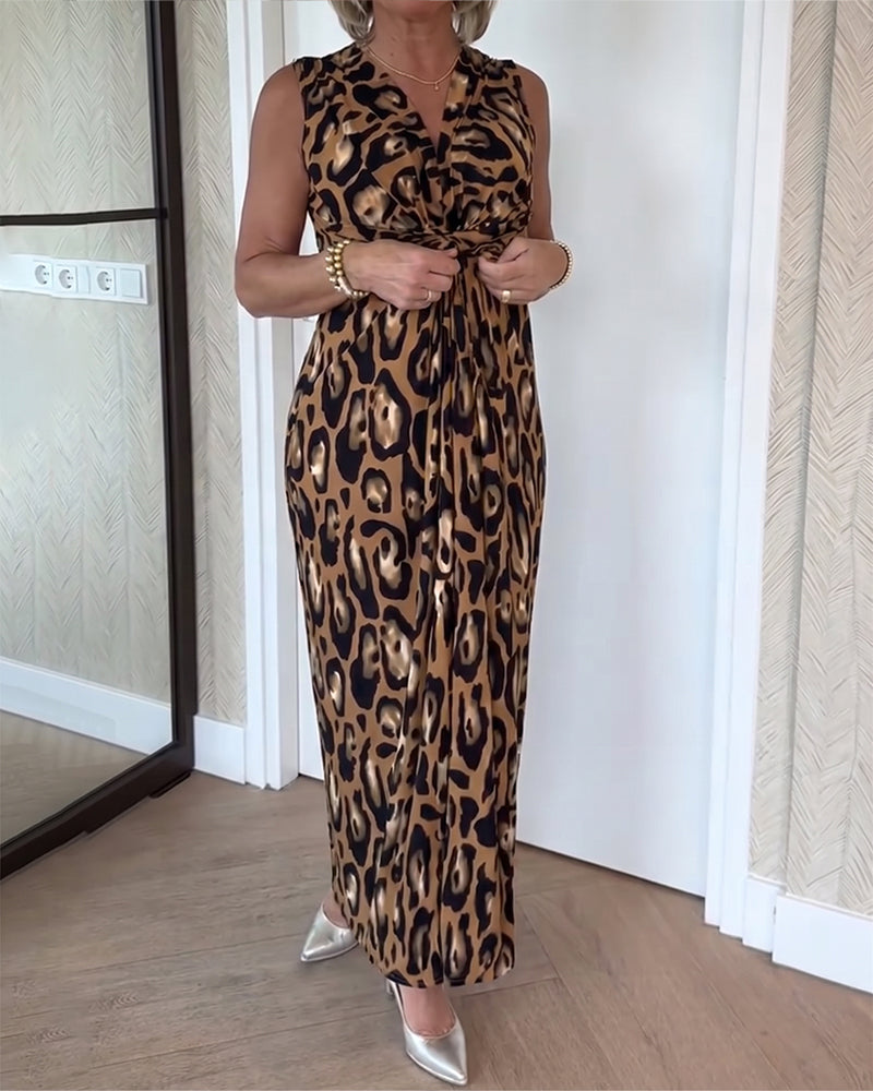 Sleeveless V-Neck Leopard Dress