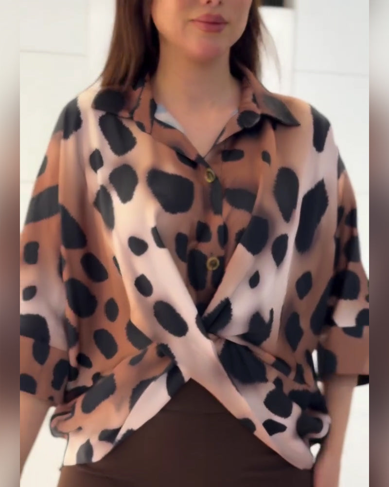 Twist Lapel Leopard Print Blouse