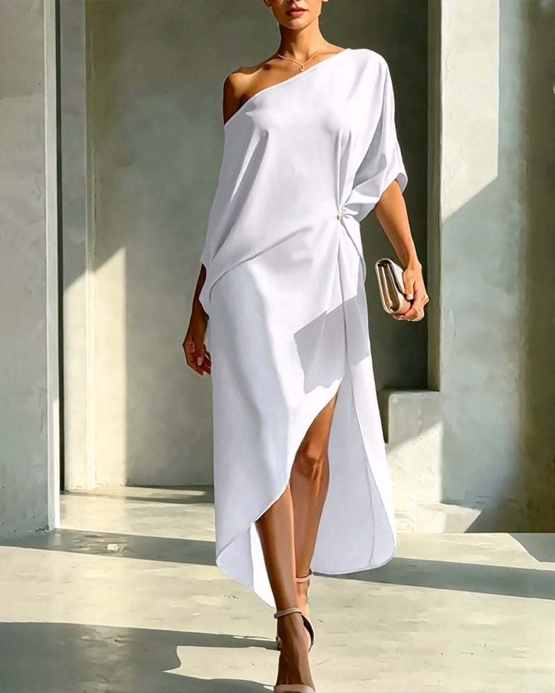 Off-Shoulder Shirred Irregular Solid Dress