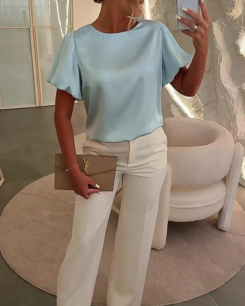 Satin Short-Sleeve Drape Blouses