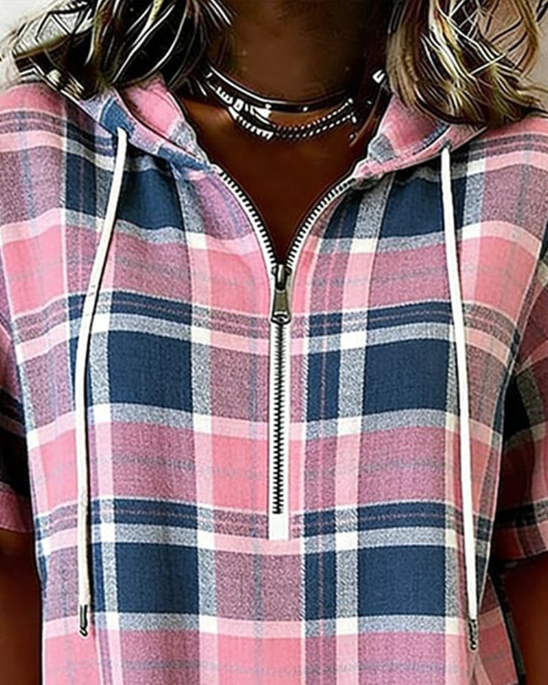 Plaid Zip Hooded Three-Quarter-Sleeve Top