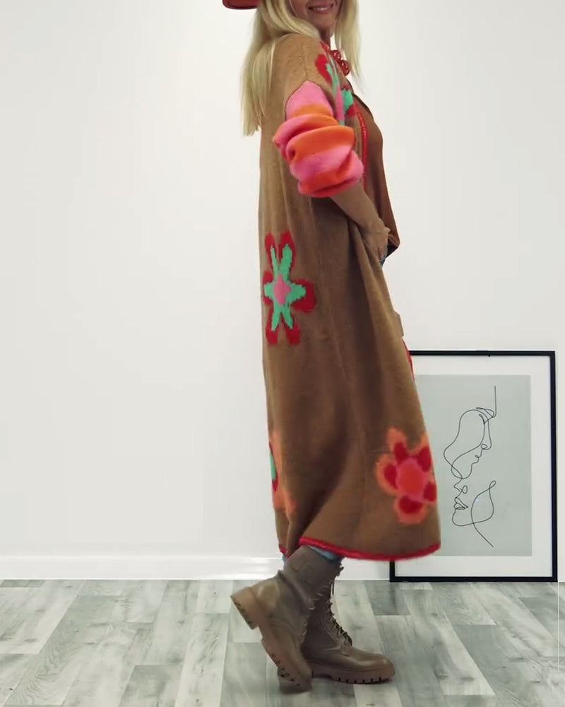 Floral pattern casual long cardigan