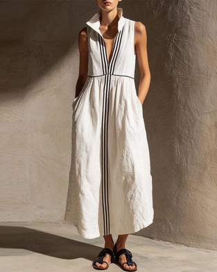 Stand Collar Deep V-Neck Sleeveless Dress