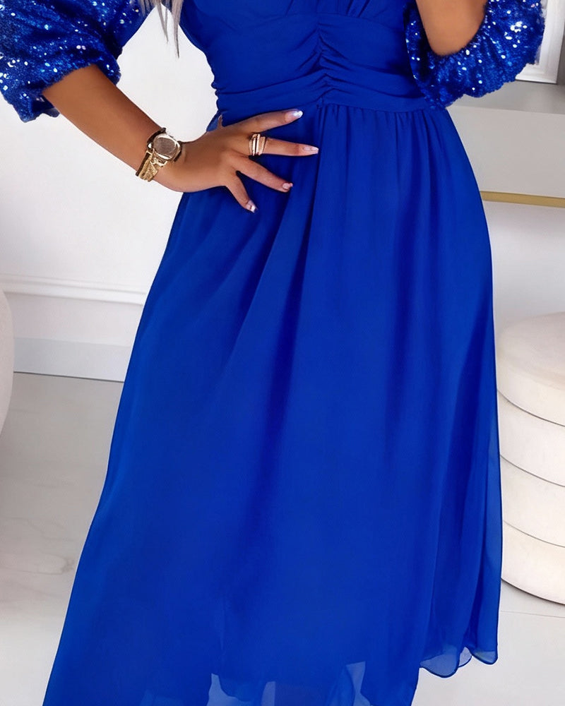 Fashionable Puff Sleeve V-Neck Dress