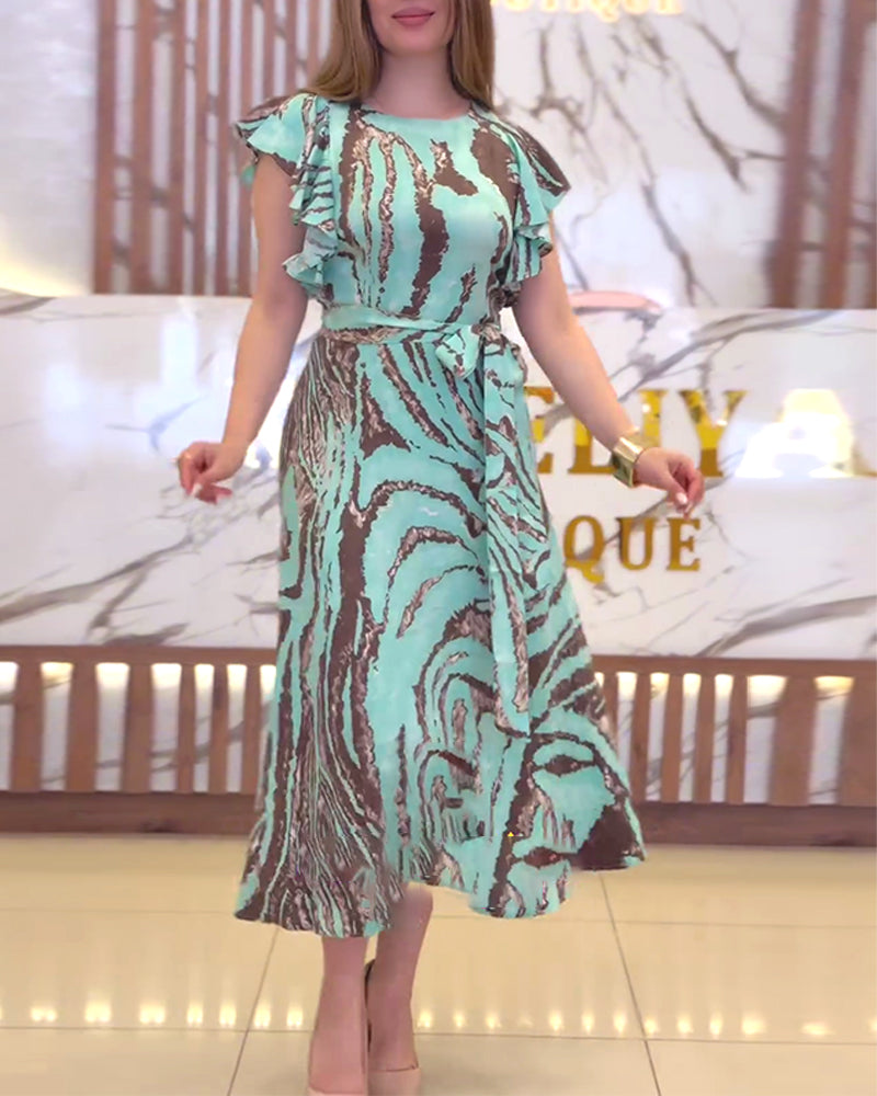 Contrast print ruffled elegant dress