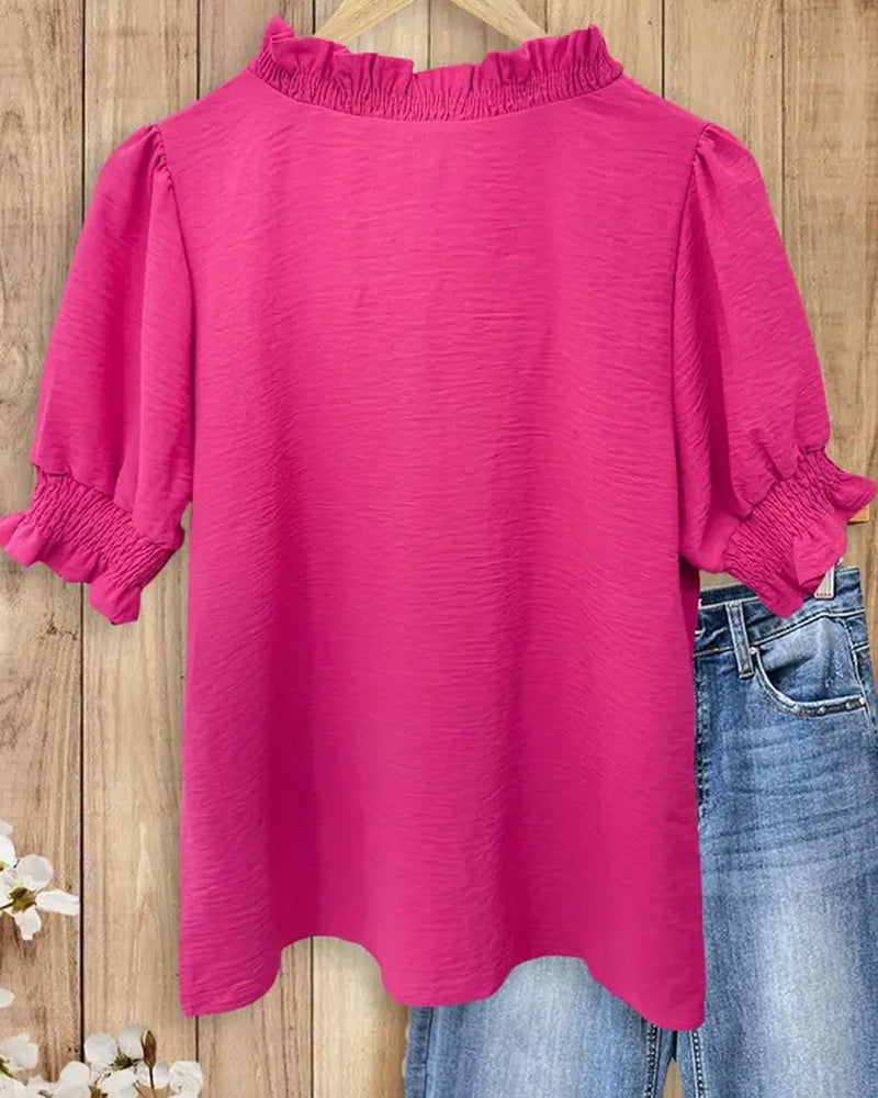 V-Neck Ruffled Short Sleeve Blouse