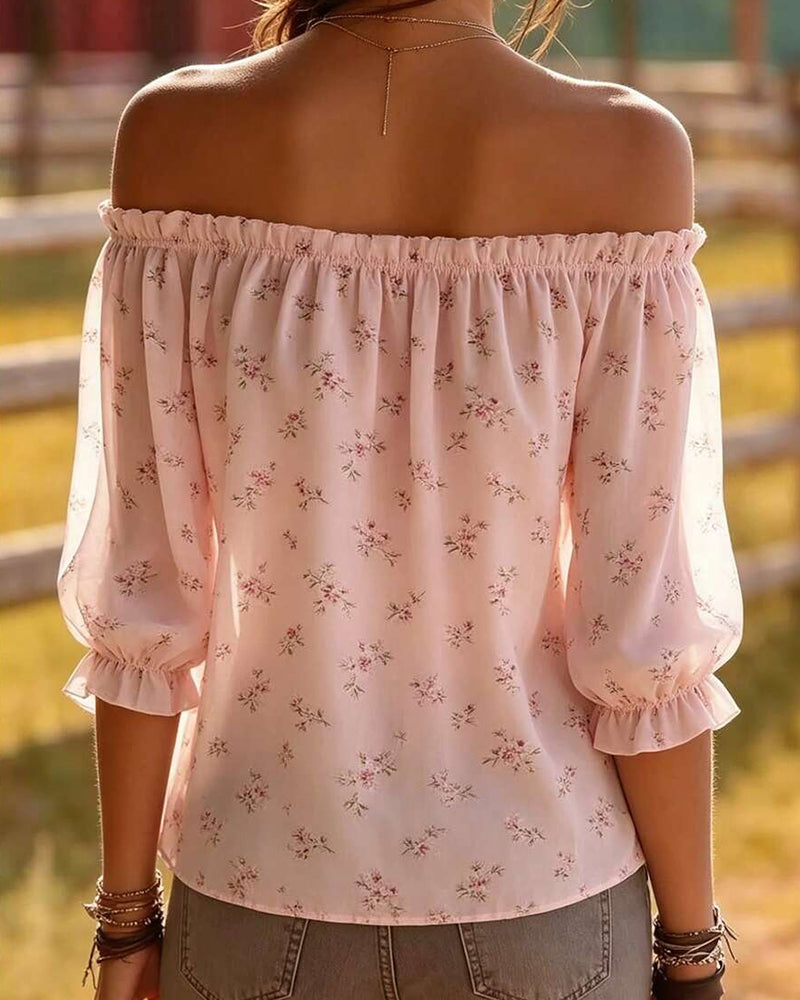 Off-Shoulder Floral Three-Quarter Sleeve Blouse