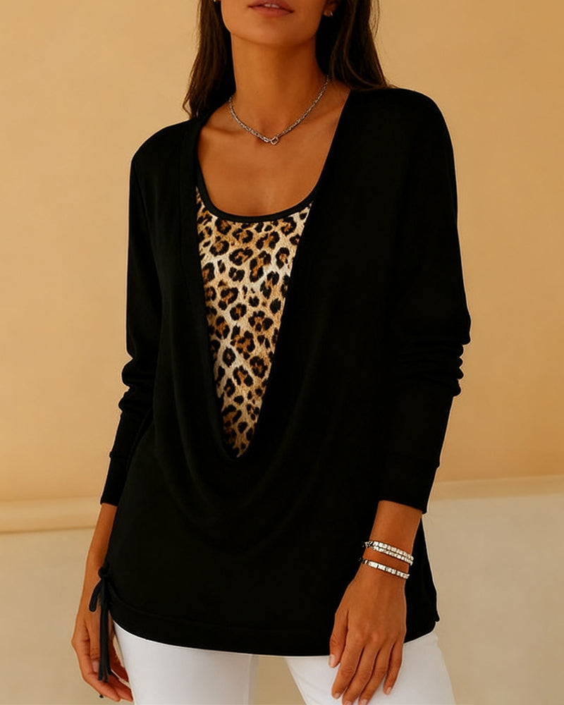 Fake Two-Piece Lace-Up Leopard Print T-Shirt
