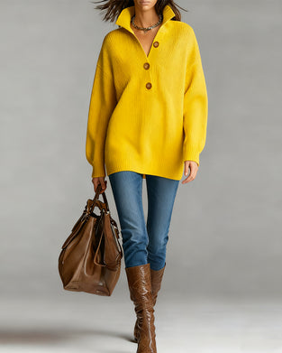 Three-Button Elegant Collared Pullover