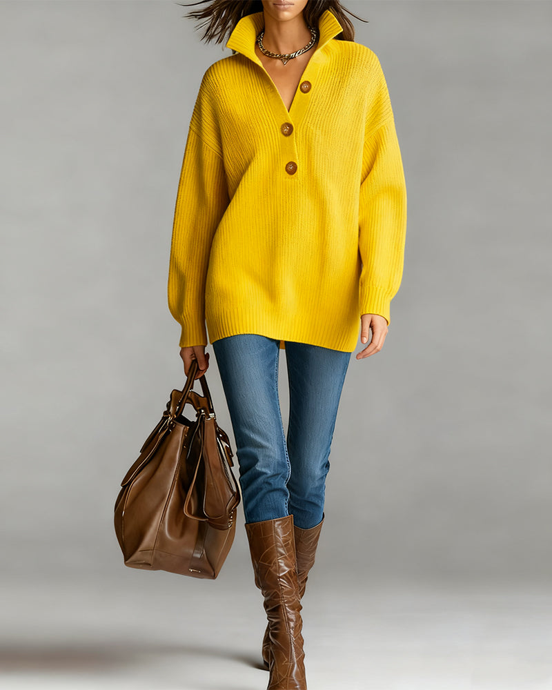 Three-Button Elegant Collared Pullover