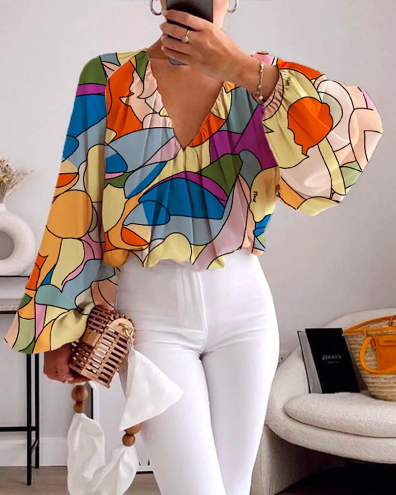 Colorful printed V-neck lantern sleeves blouse