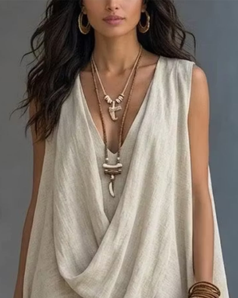 Sleeveless V-Neck Crossover Straight Pants Set