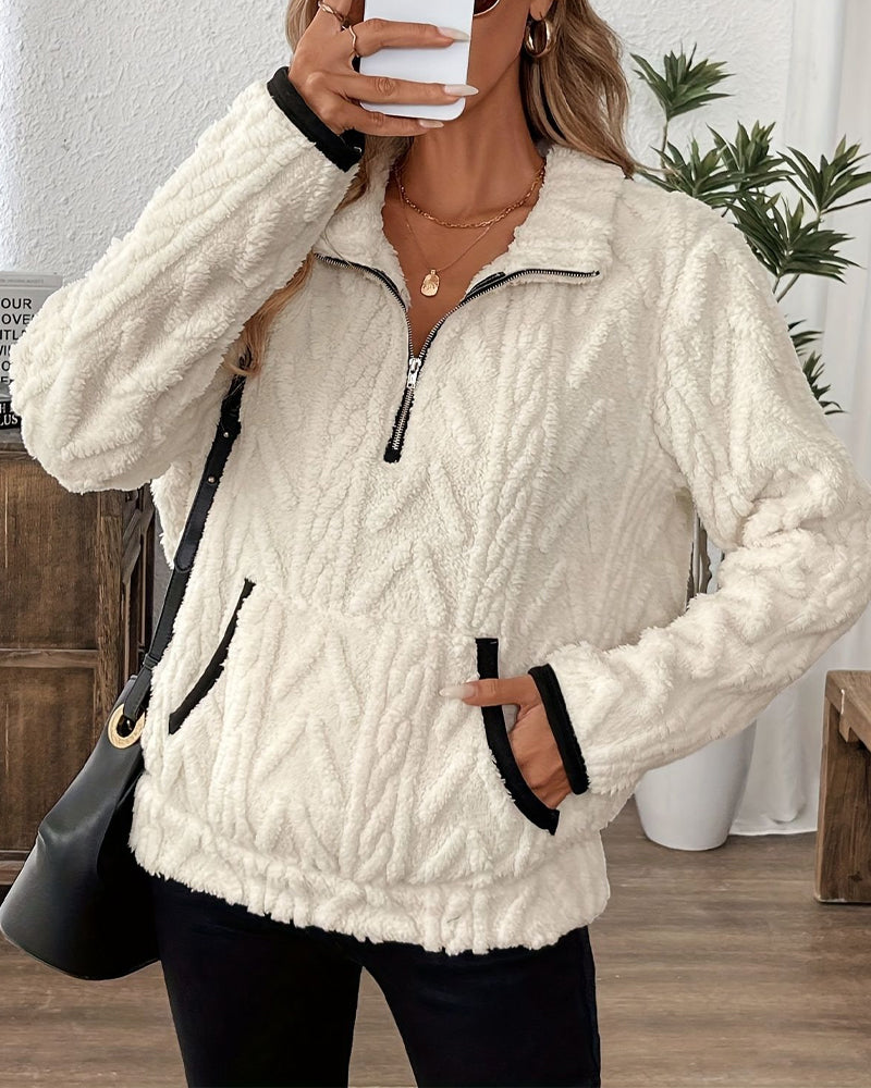 Lapel Zipper Front Fuzzy Sweatshirt