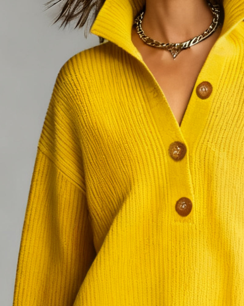 Three-Button Elegant Collared Pullover
