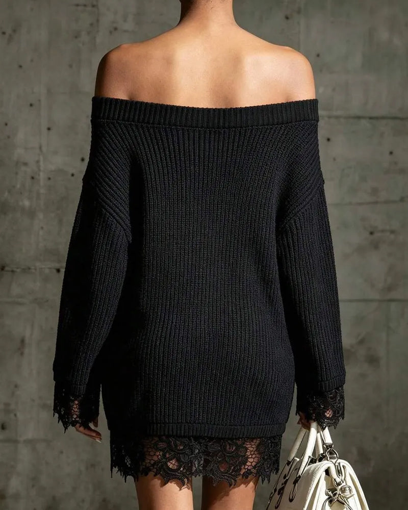 Off-Shoulder Ribbed Lace Patchwork Sweater Dress