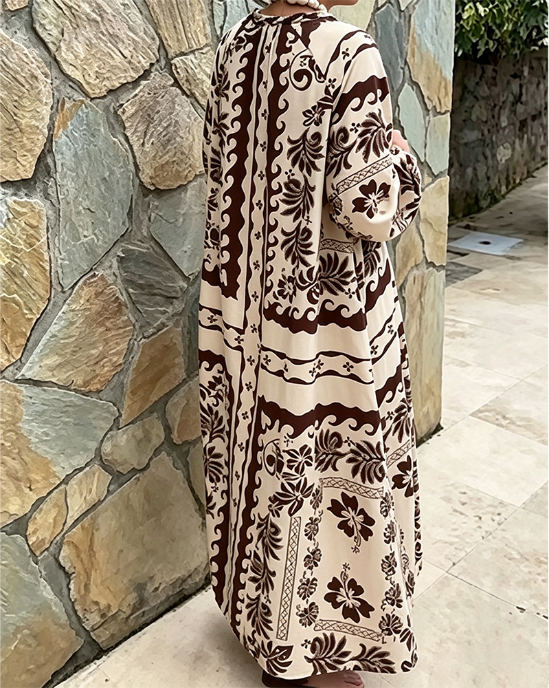 V-Neck Ethnic Style Loose Big Hem Dress