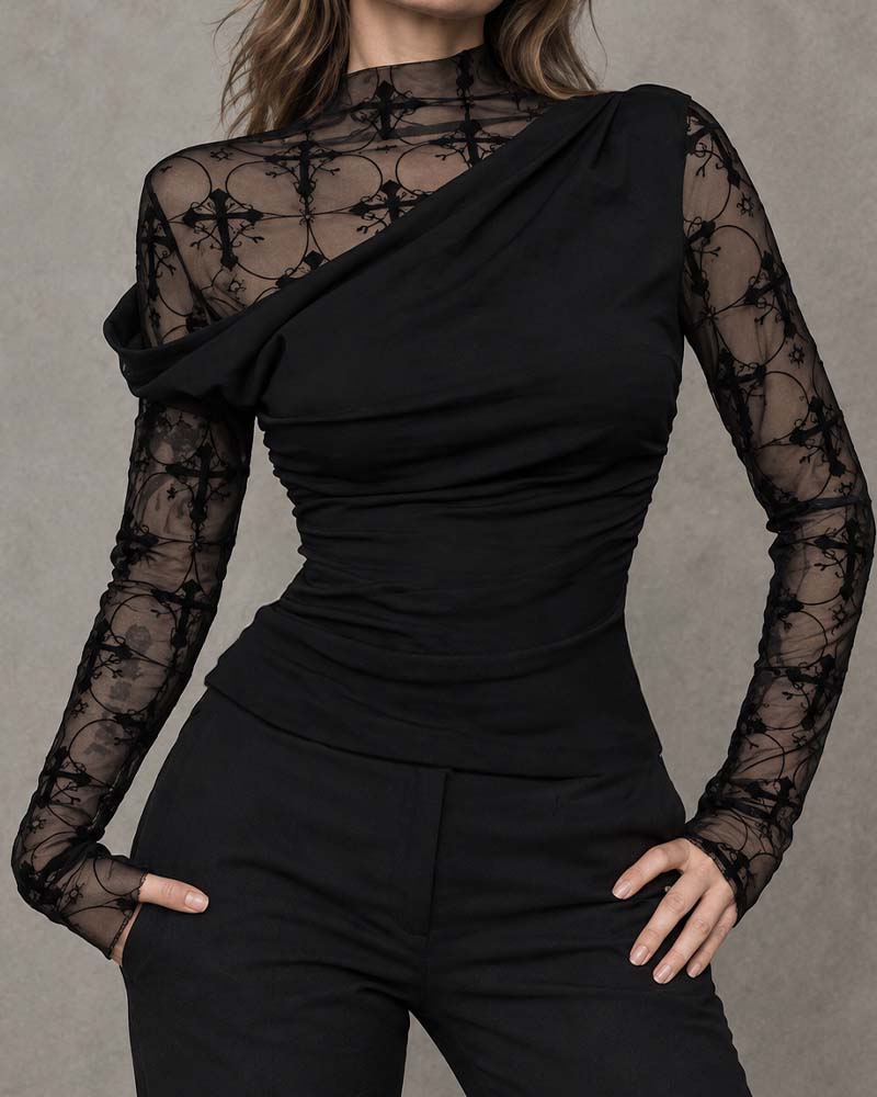 High Neck One-Shoulder Layered Mesh Fitted Top