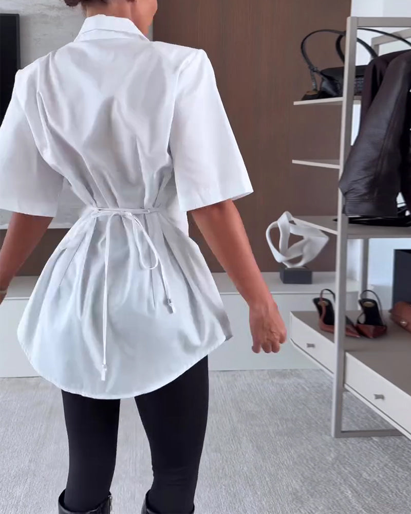 Fitted Elbow-Length Sleeve Lapel Long Shirt