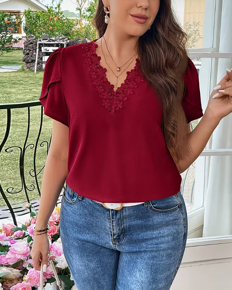 V-Neck Solid Color Puff Sleeve Blouse