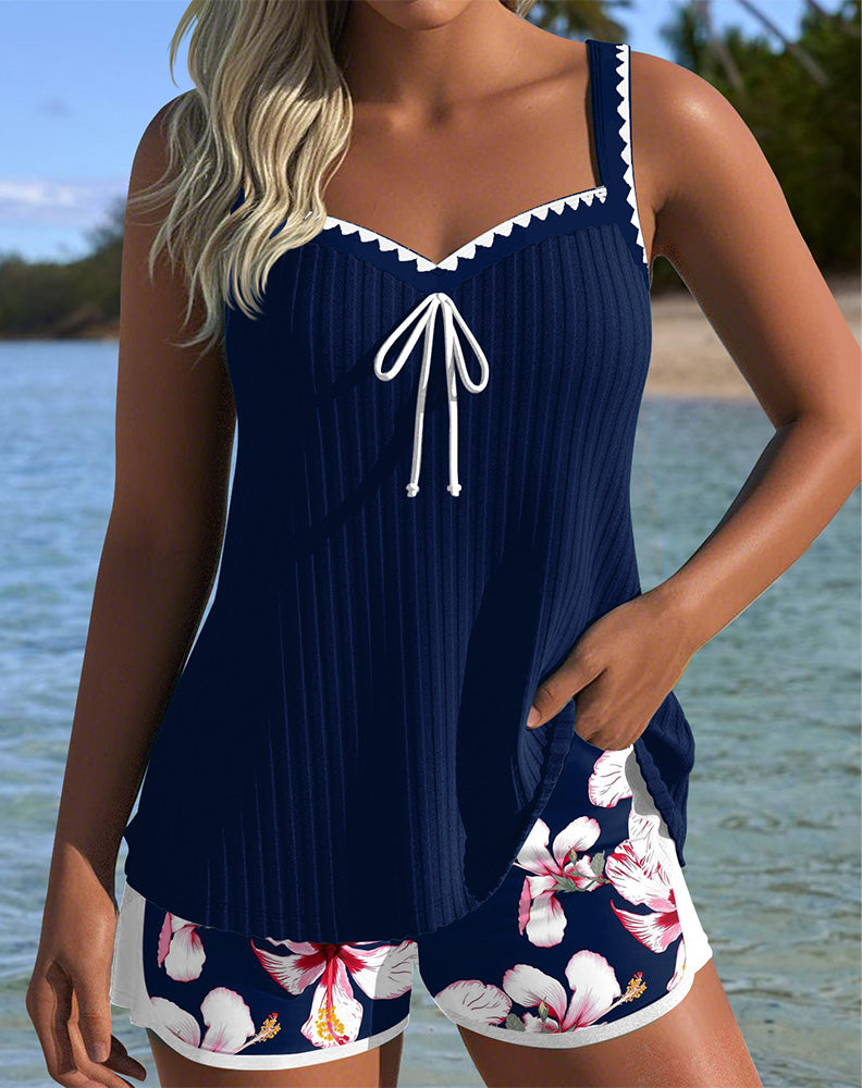 Two-Piece Ribbed Printed Boxer Tankini