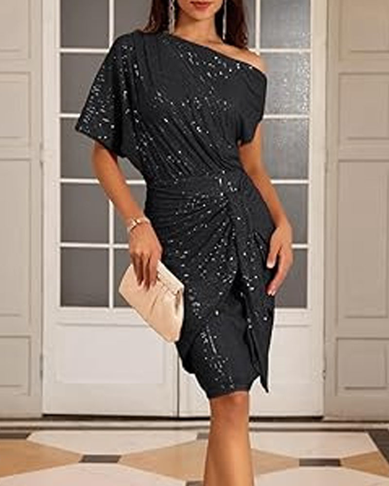 V-neck off-shoulder sequined elegant dress