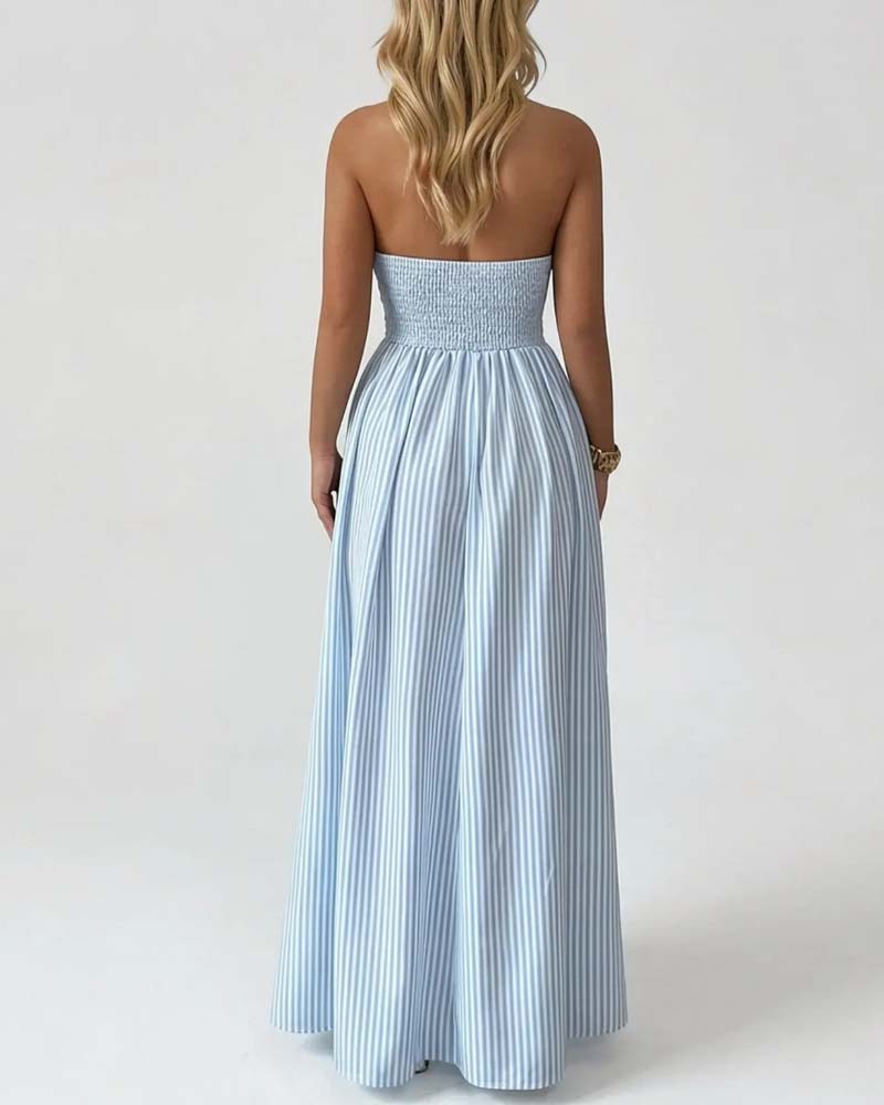 Deep V-Neck Spaghetti Strap Stripe Long Dresses