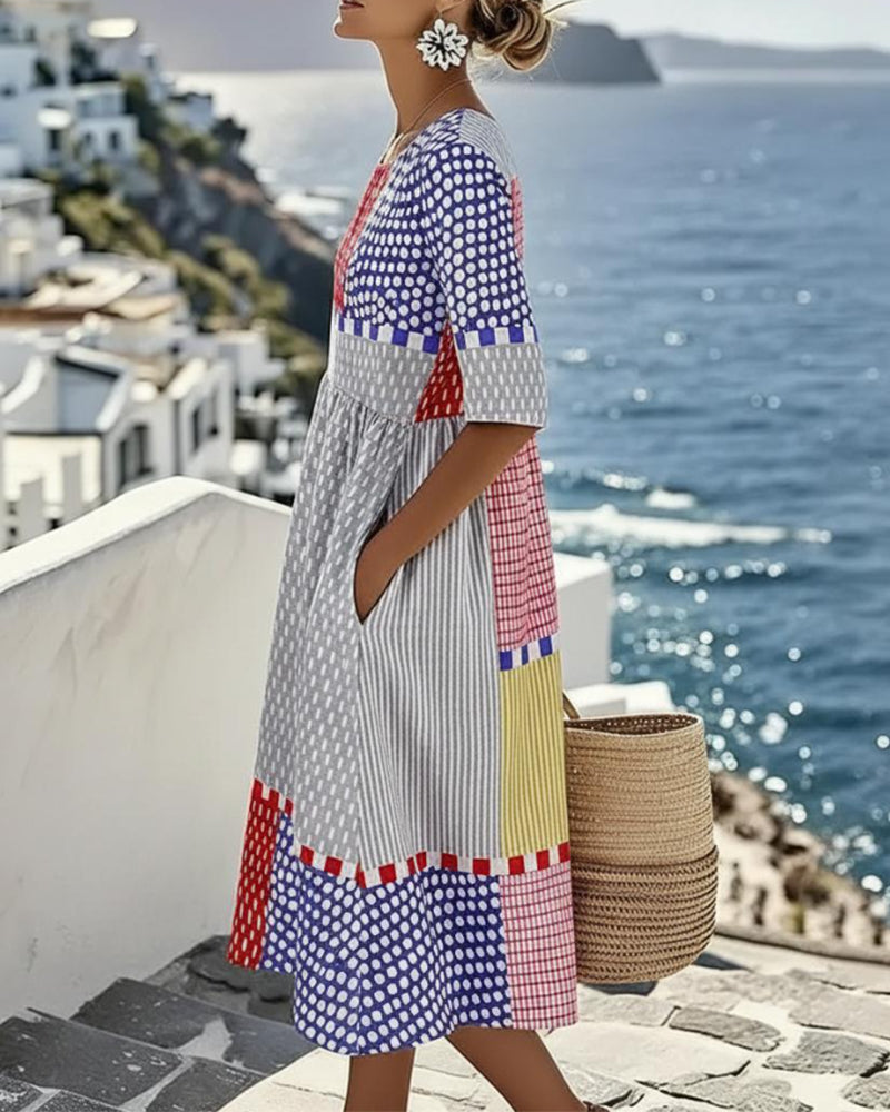 Color Block Geometric Polka Dot Dress