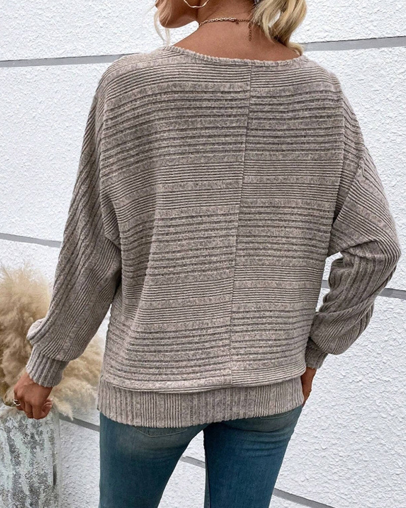 Solid Color Round Neck Long Sleeve Striped Top