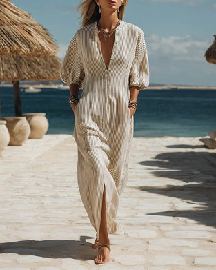 Puff Sleeve Button-Down Stripe Dress