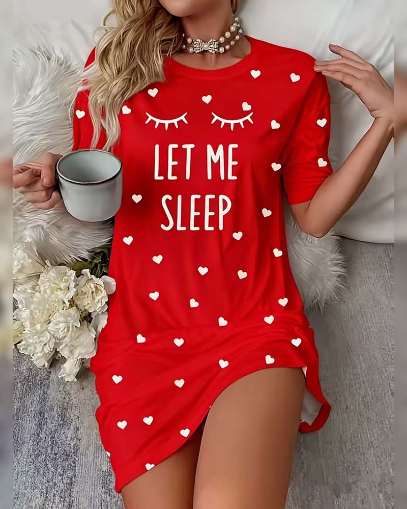 Letter Heart Print Casual Nightgown Dress