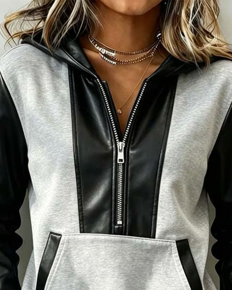 Zipper Pocket Patchwork Hoodie