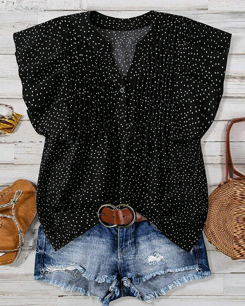 Ruffle Sleeve V-Neck Polka Dot Blouse
