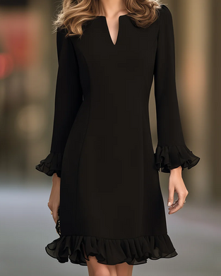 Elegant V-Neck Long Sleeve Ruffle Hem Dress