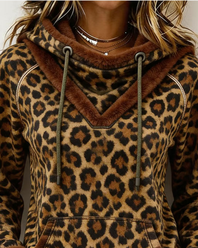 Leopard Print Hooded Drawstring Sweatshirt