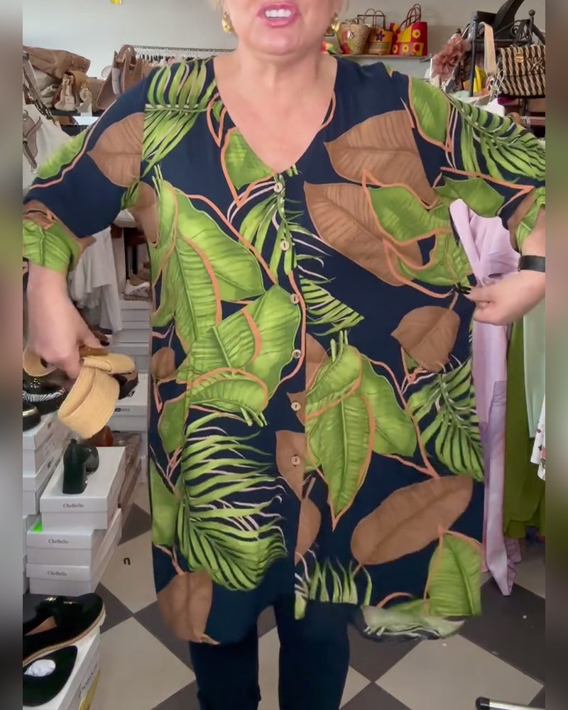 V-Neck Leaf Print Loose Dress