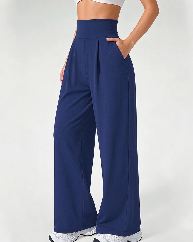 High Waist Pocket Solid Color Wide Leg Pants