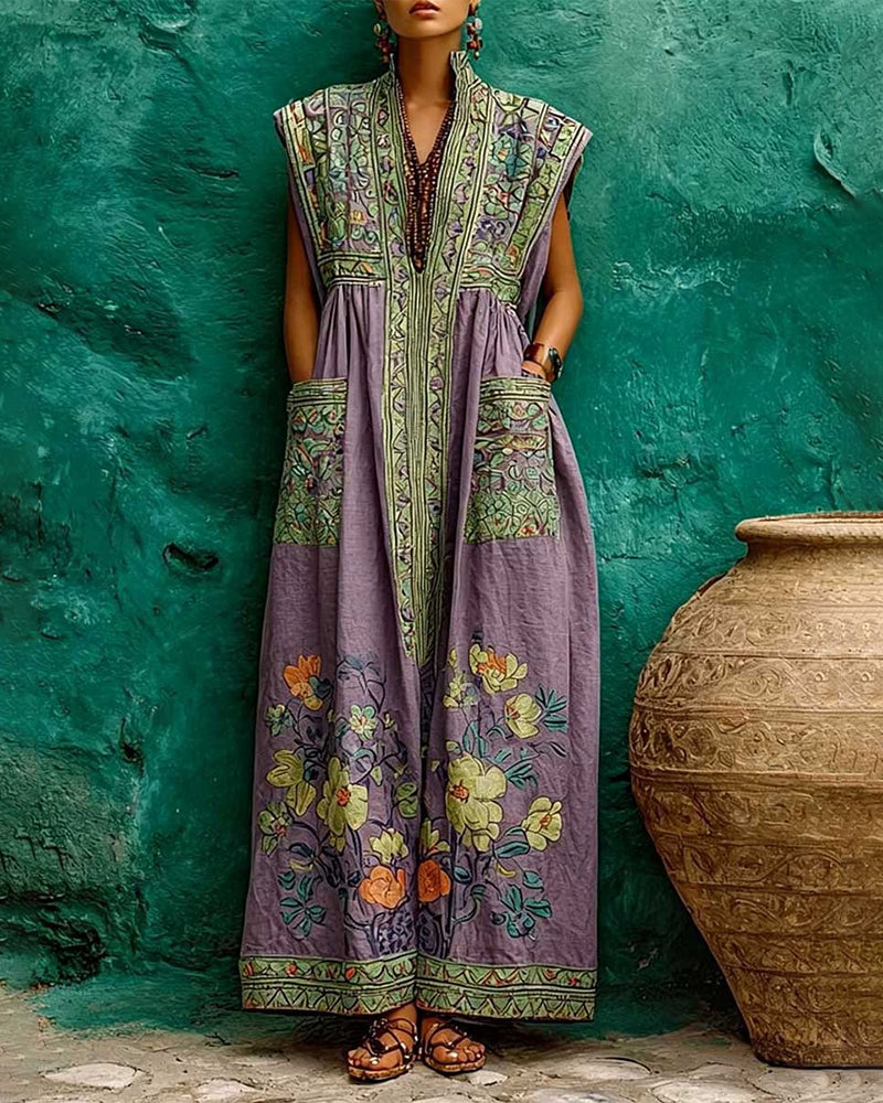 Retro Print Pocket Sleeveless Long Dress