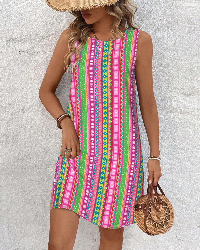 Round Neck Sleeveless Colorful Print Dress