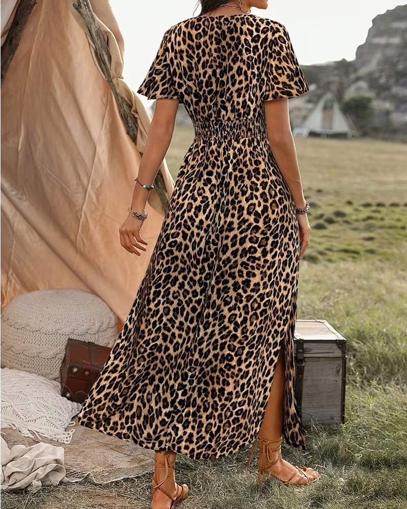 Leopard V-Neck Elastic Waist A-Line Dress