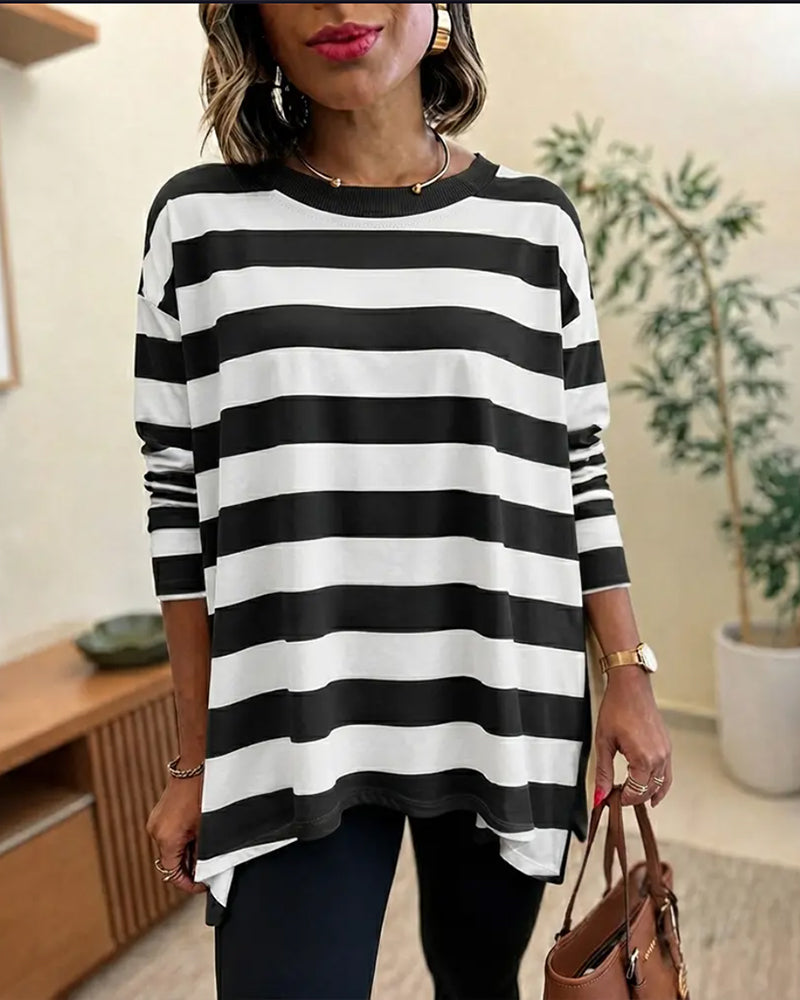 Wide Striped Crew Neck Long Sleeve Top