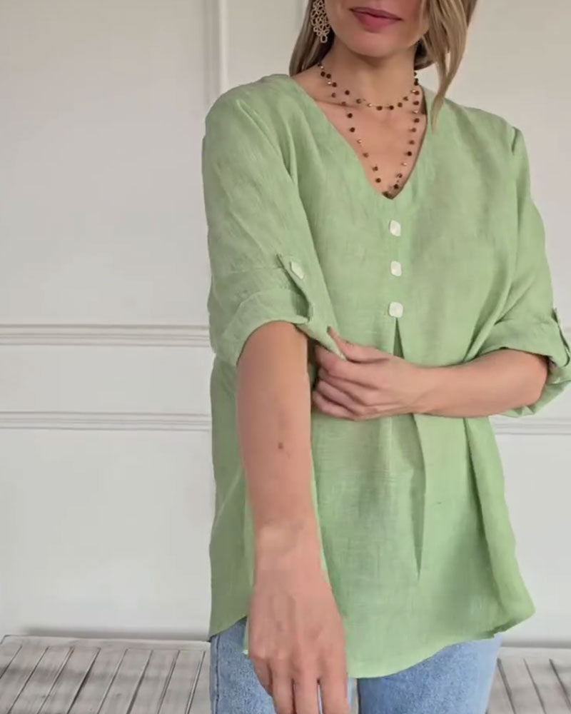 Solid Color V-Neck Loose Casual Top