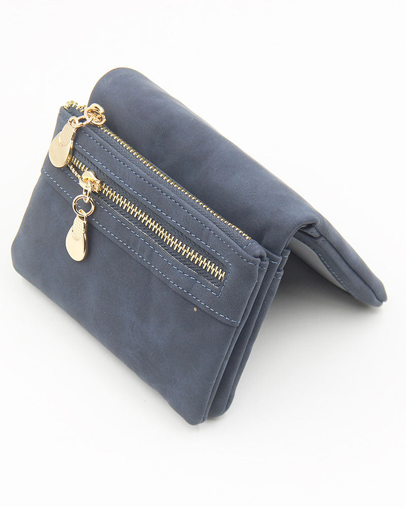 Women's Bifold Zipper Wallet Plain Short Card Purse