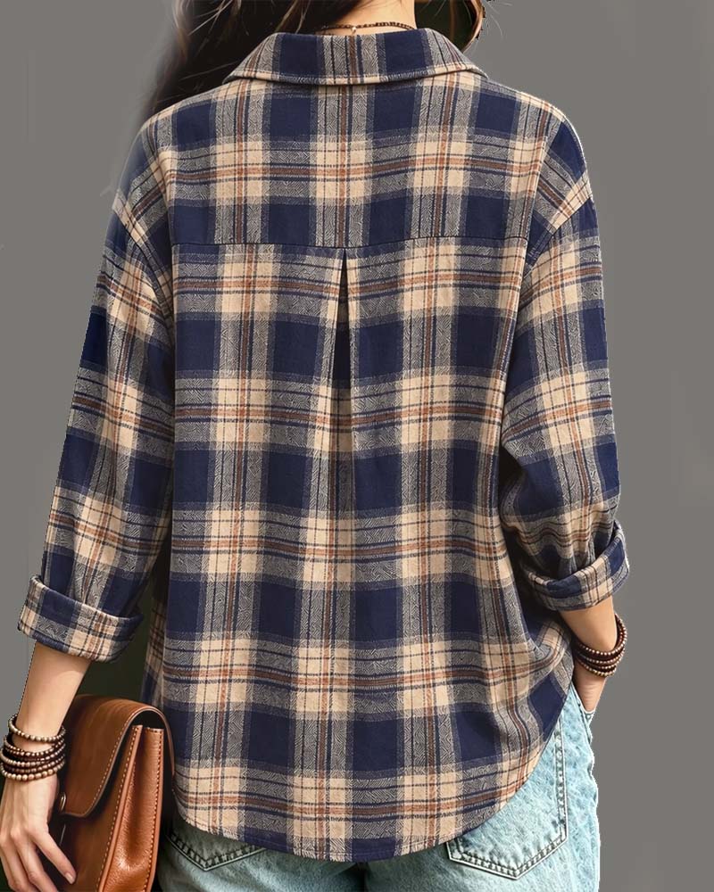 Collared Plaid Long-Sleeve Blouse