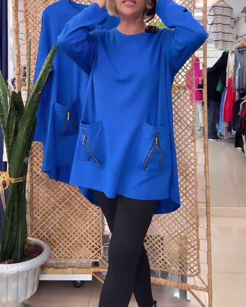 Round Neck Solid Color Zipper Pocket Sweatshirt