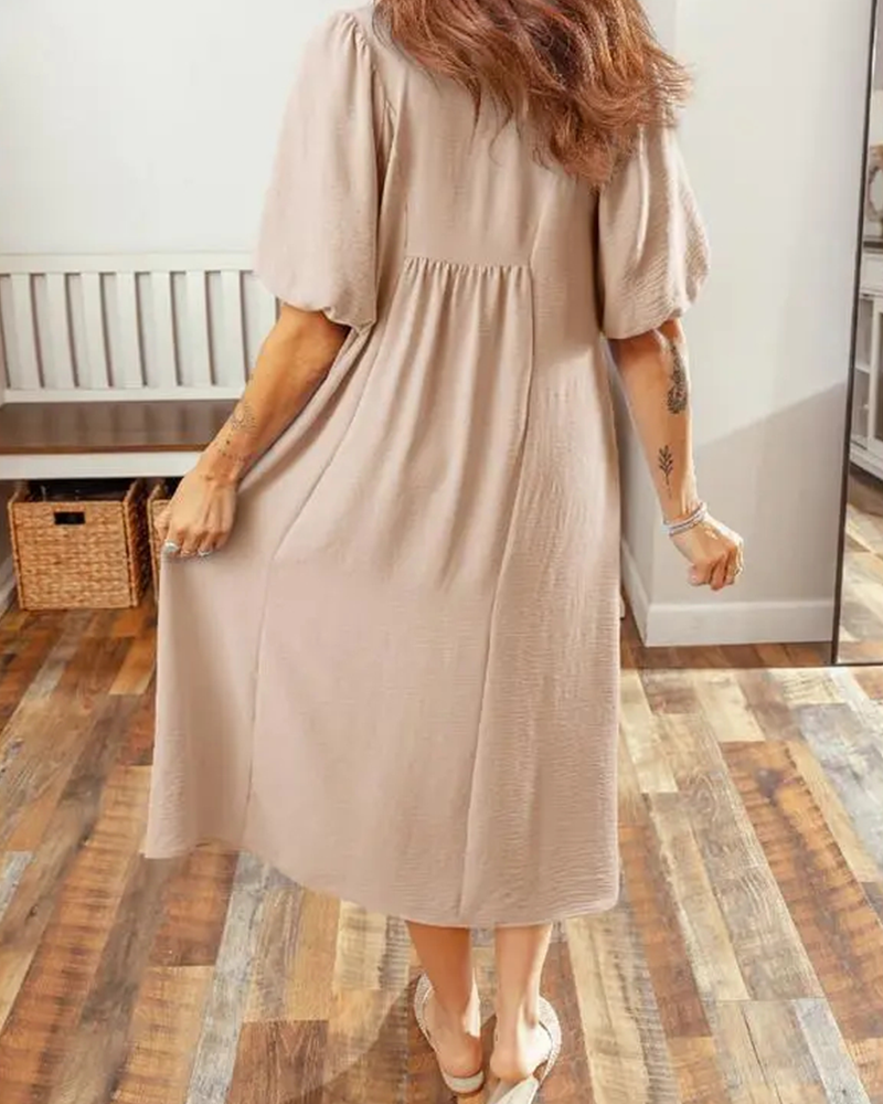 V-Neck Flap Puff Sleeve Maxi Dress