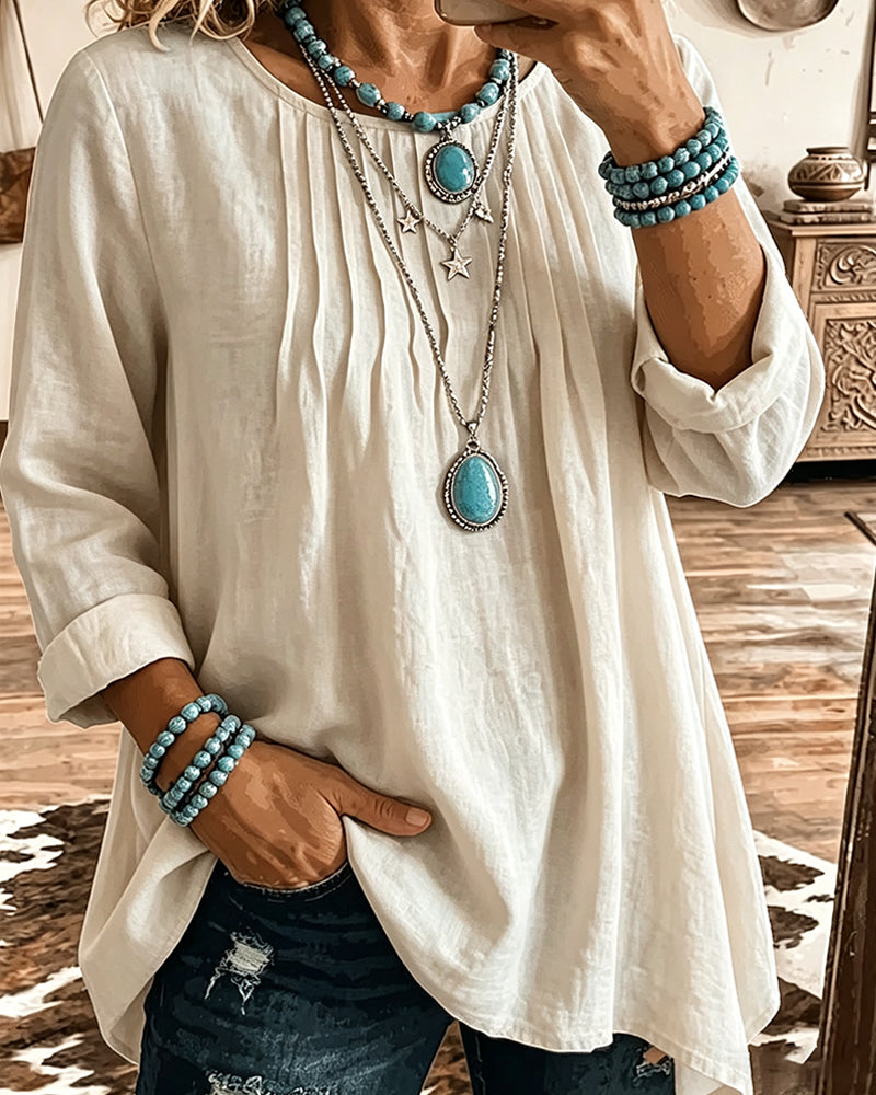 Crew Neck Ruched Loose Solid T-Shirt