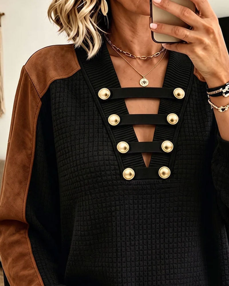 V-Neck Button Color Block Top