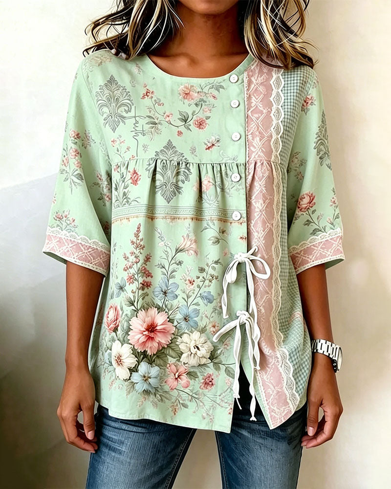 Retro Floral Print Casual Blouse