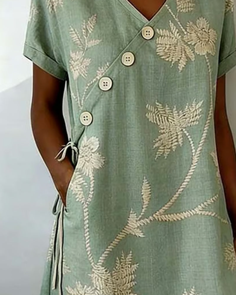 Diagonal Button Print V-Neck Midi Dress